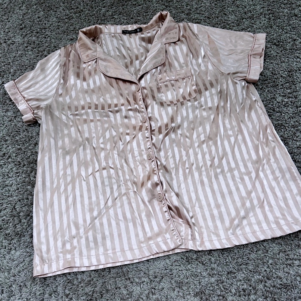 Tart Intimates Womens XL‎ Pink Striped Satin Button Down Pajama Top Short Sleeve